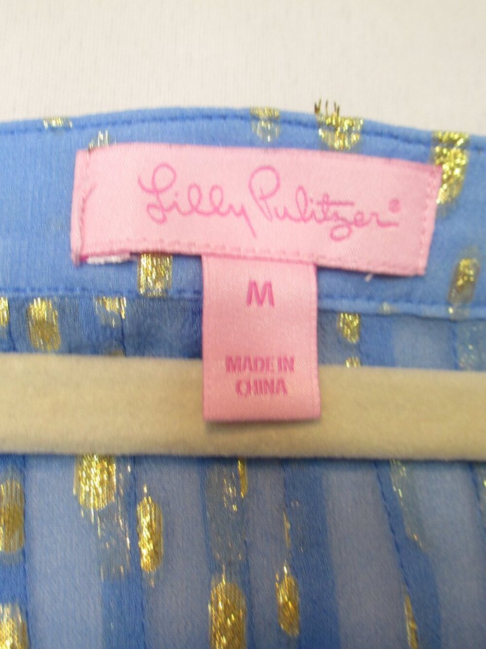 Lilly Pulitzer Colby Silk Blend Gold Metallic Dot V-Neck Blouse Sheer Blue Sz M - Picture 5 of 9